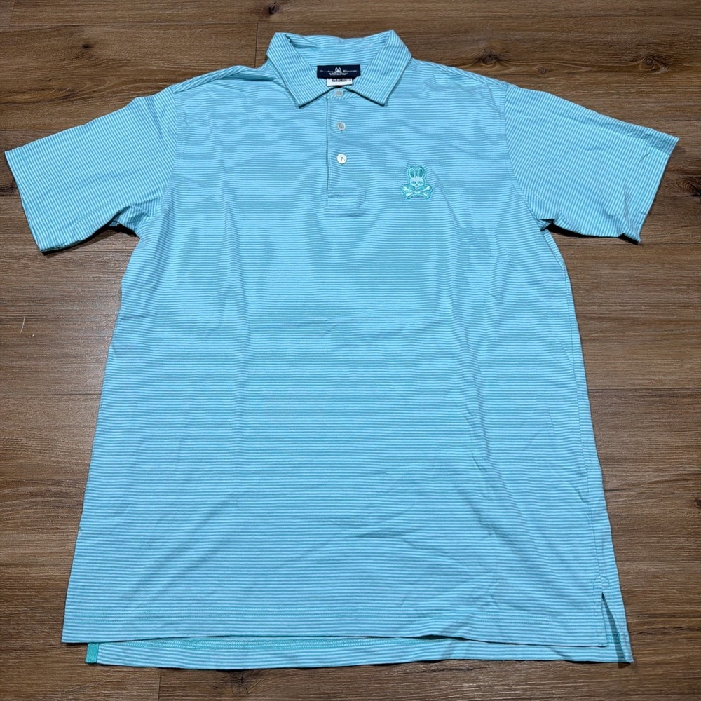 Psycho Bunny Polo Shirt Mens Large 6 Blue White Stripes Short Sleeve Pima Cotton